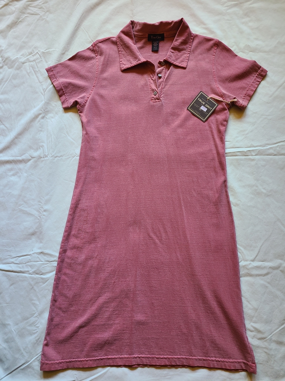True Grit Womens M Short-Sleeve Pink Polo Shirt Dress With Metal Flower Buttons